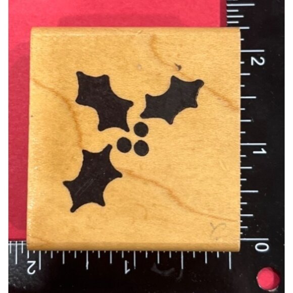 Wood Mounted Rubber Stamp With Holly Leaves & Berries by Connors Collectibles - Picture 1 of 3